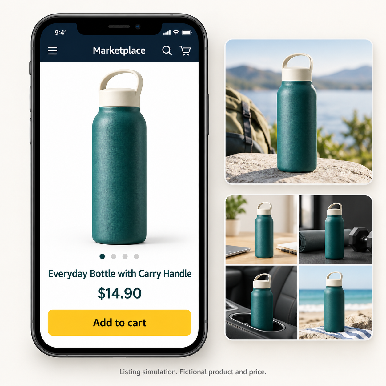 Simulação de anúncio em um celular com imagens do produto