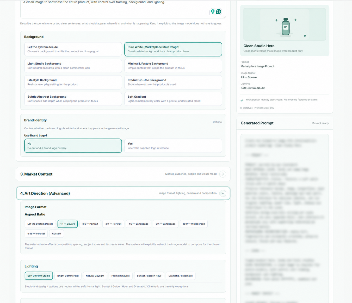Prévia dos controles de cena e direção de arte do MyListing, com o prompt desfocado